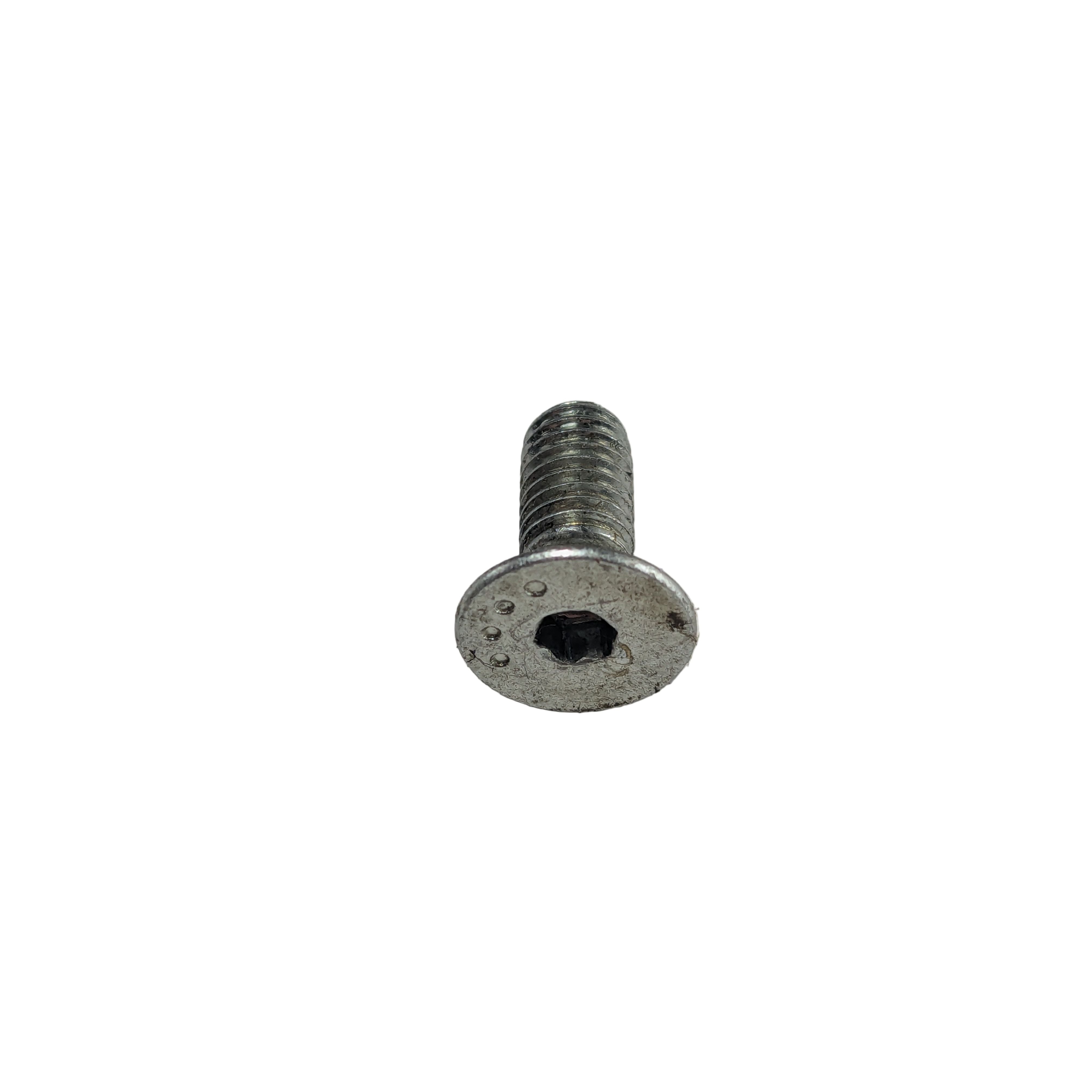 Small silver metal screw with a flat head and hexagonal socket drive.