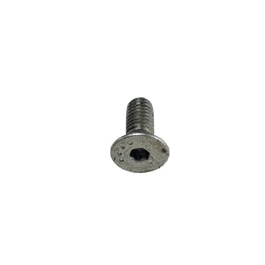 Small silver metal screw with a flat head and hexagonal socket drive.