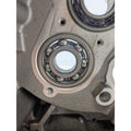 Metal ball bearing installed in silver engine crankcase housing with circular design and visible ball bearings.