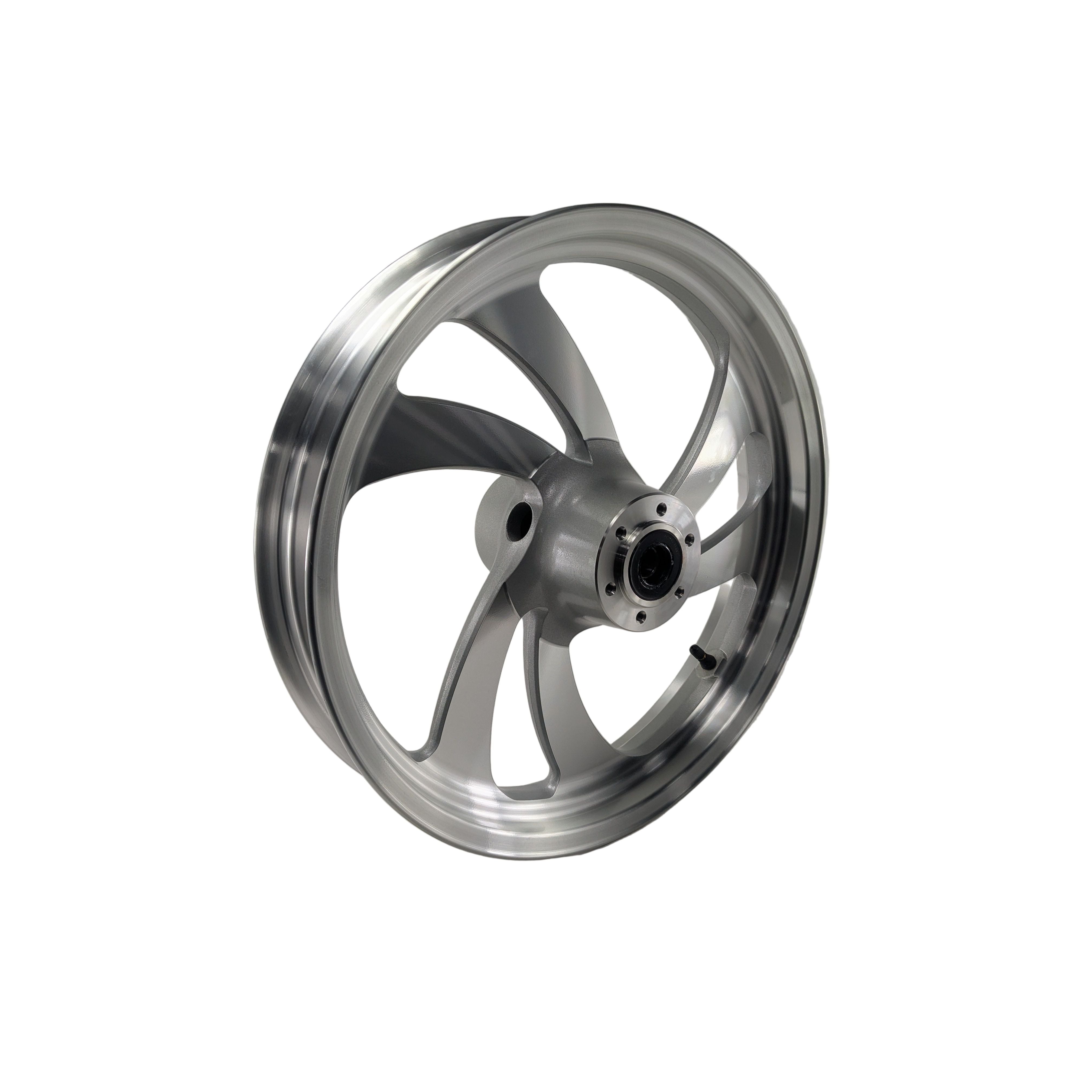 Polished silver cast front motorcycle wheel with five curved spokes and central hub with mounting holes.