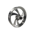 Polished silver cast front motorcycle wheel with five curved spokes and central hub with mounting holes.