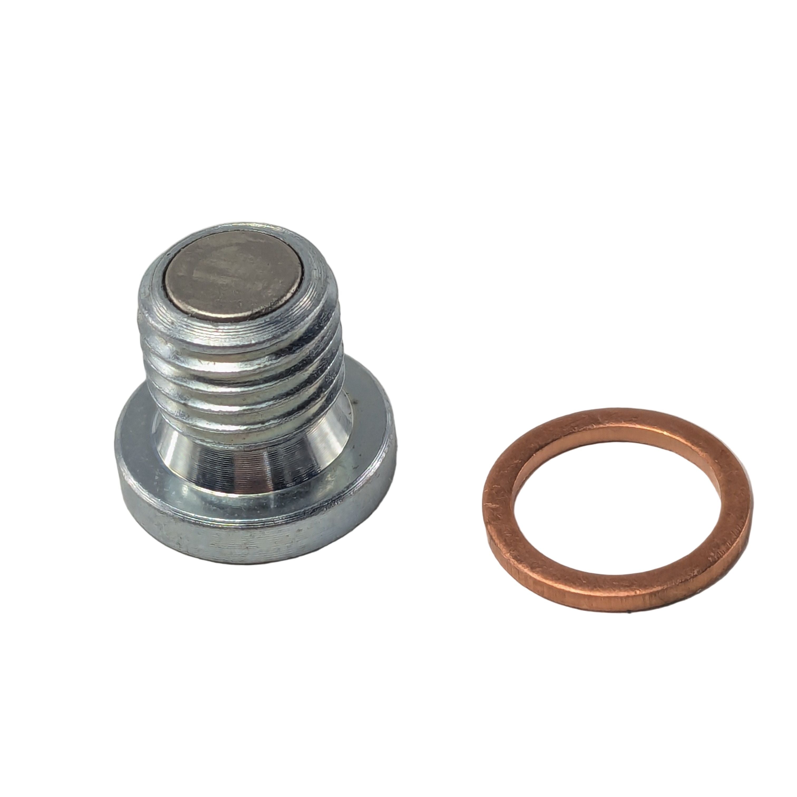 Silver metal magnetic oil drain plug with threaded body and flat top alongside copper crush washer ring.