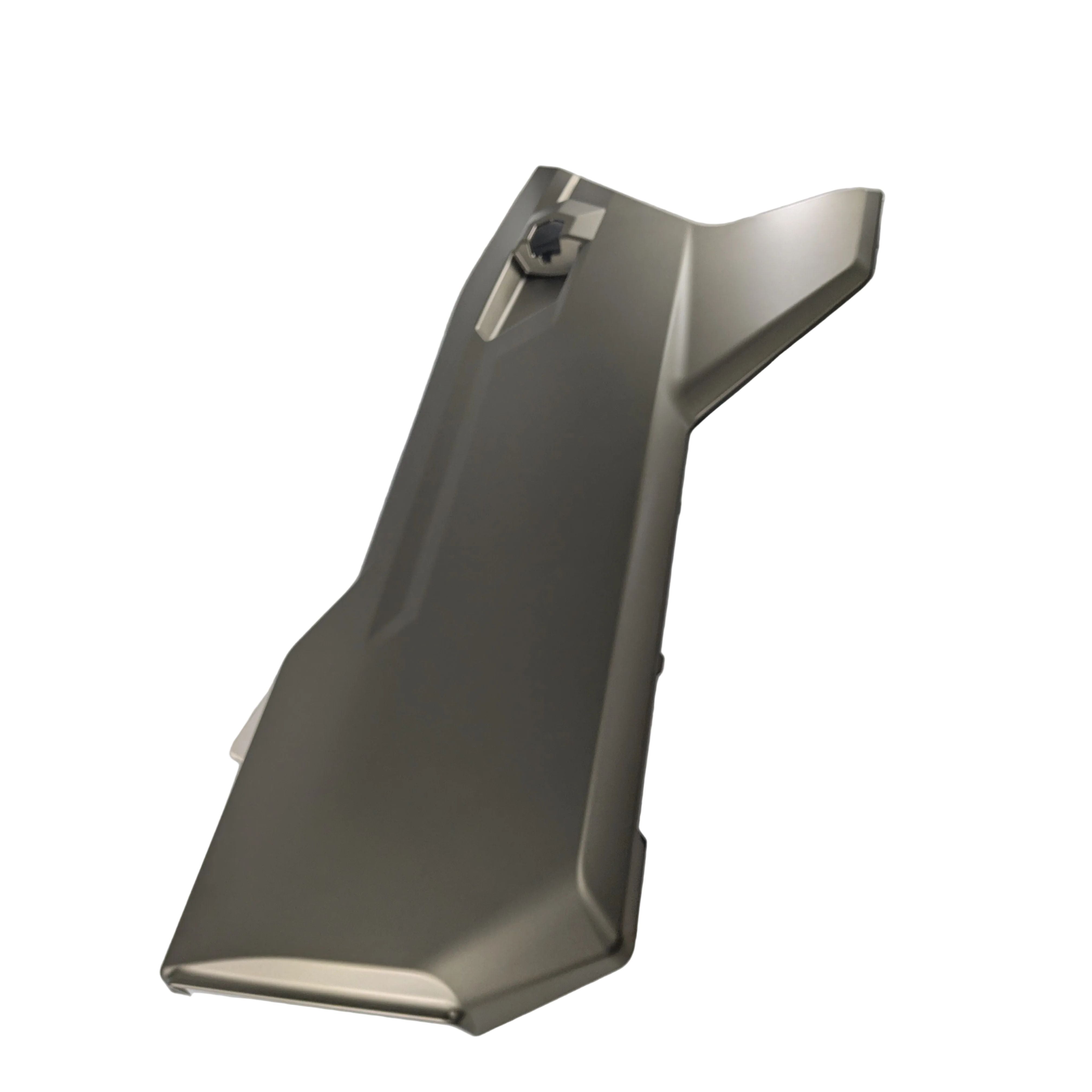 Matte black molded plastic right upper door panel with angular design and mounting clips.
