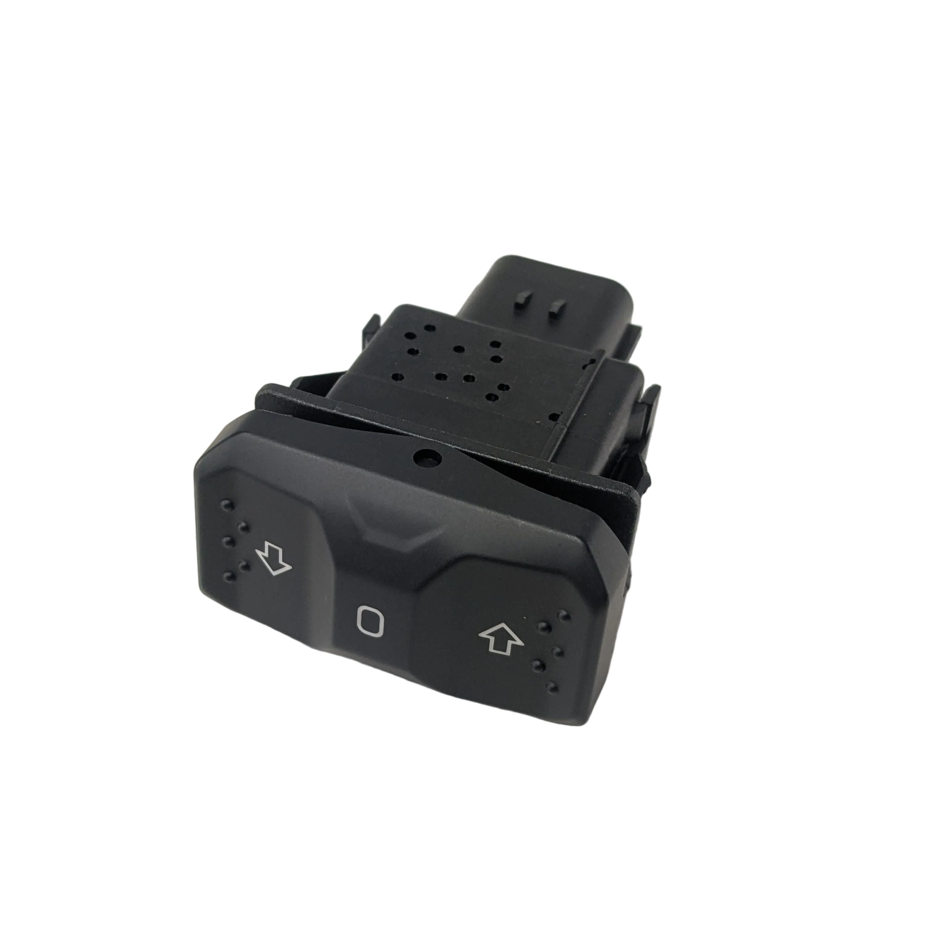 Black plastic turn signal switch with left and right arrow icons and a central circular button.