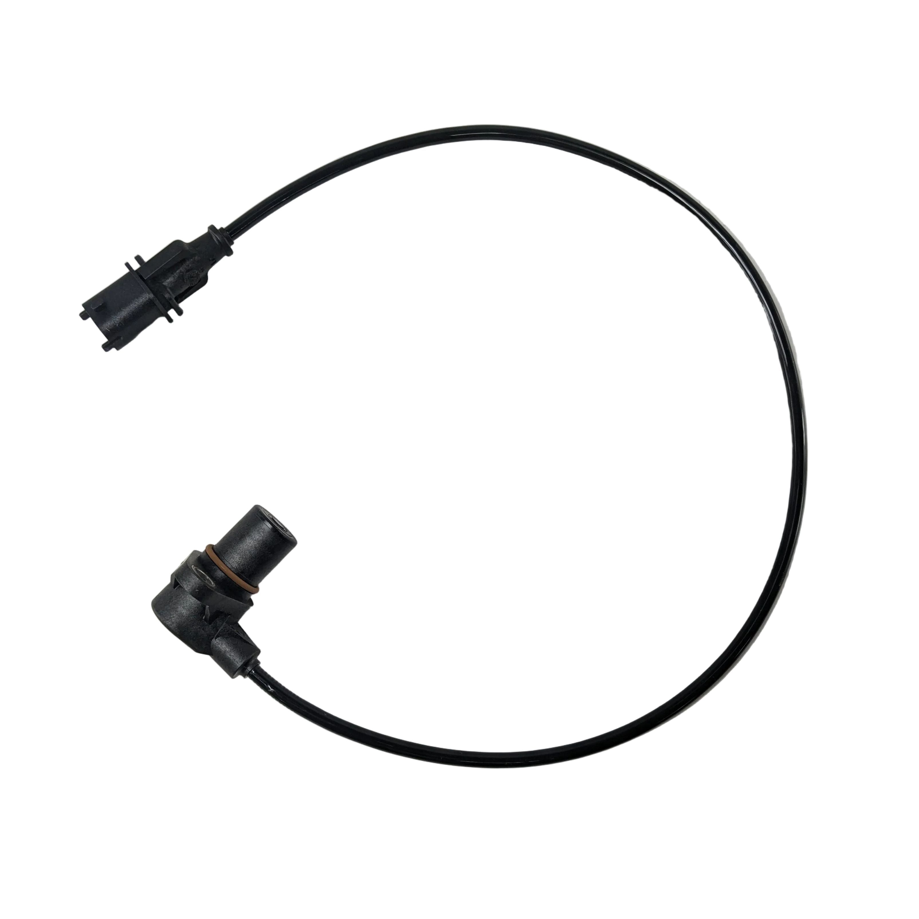 Black crankshaft position sensor assembly with cylindrical connector and attached flexible wiring harness.
