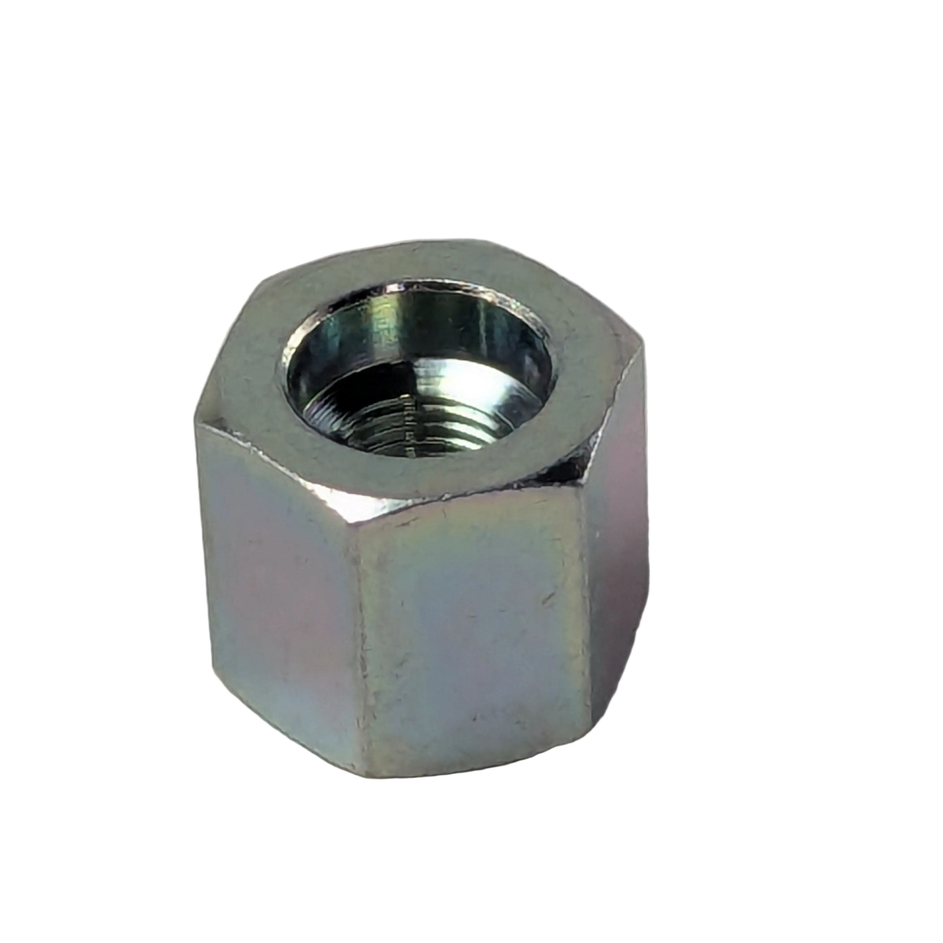 Hexagonal metal nut with internal threading, silver finish, sturdy and durable design.