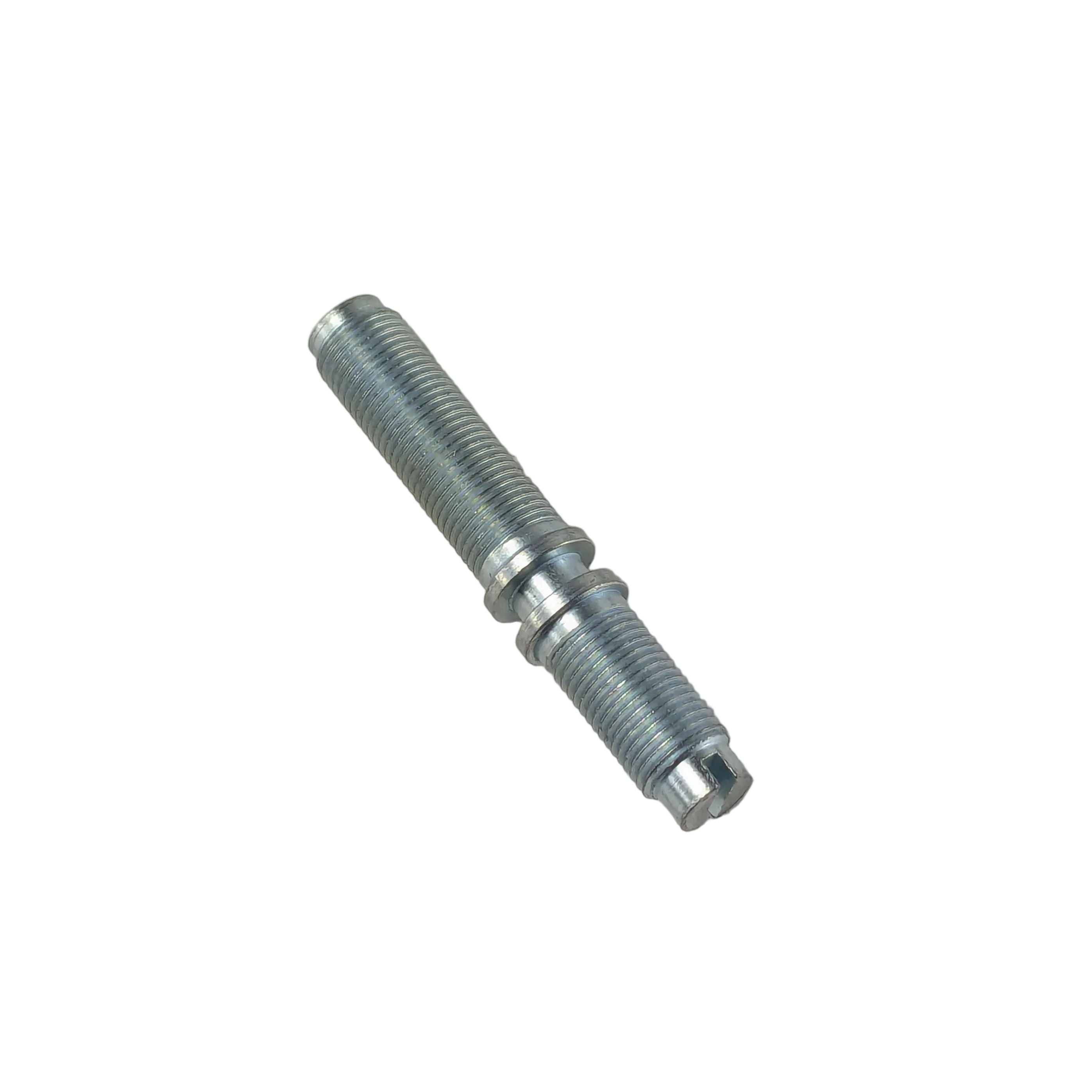 Metal cylindrical adjust screw with threaded ends and smooth middle section.