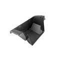 Black molded plastic front lower storage box with angular design and mounting points.
