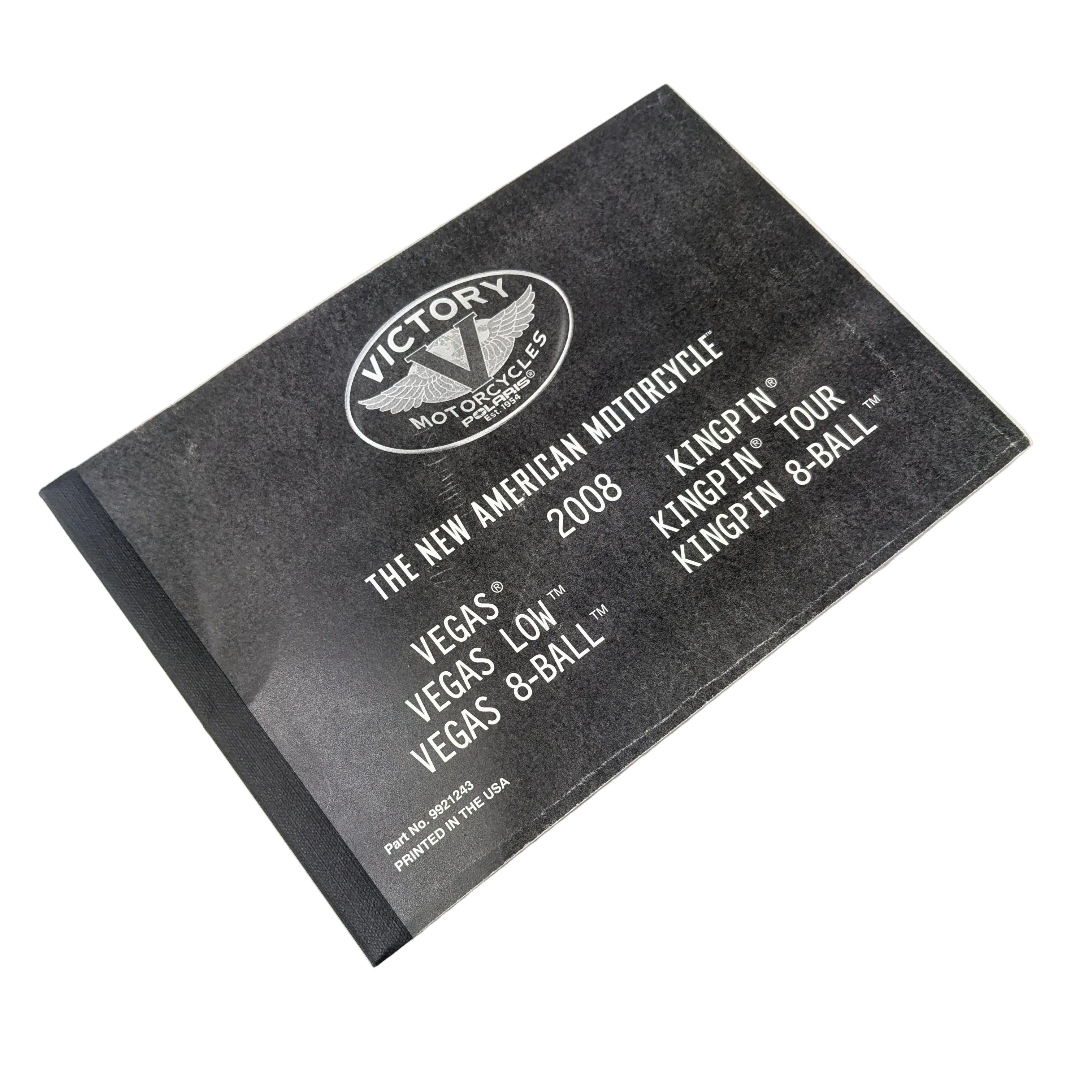 Black softcover service manual with white Victory Motorcycles logo and text listing 2008 Kingpin, Vegas, and 8 Ball models.