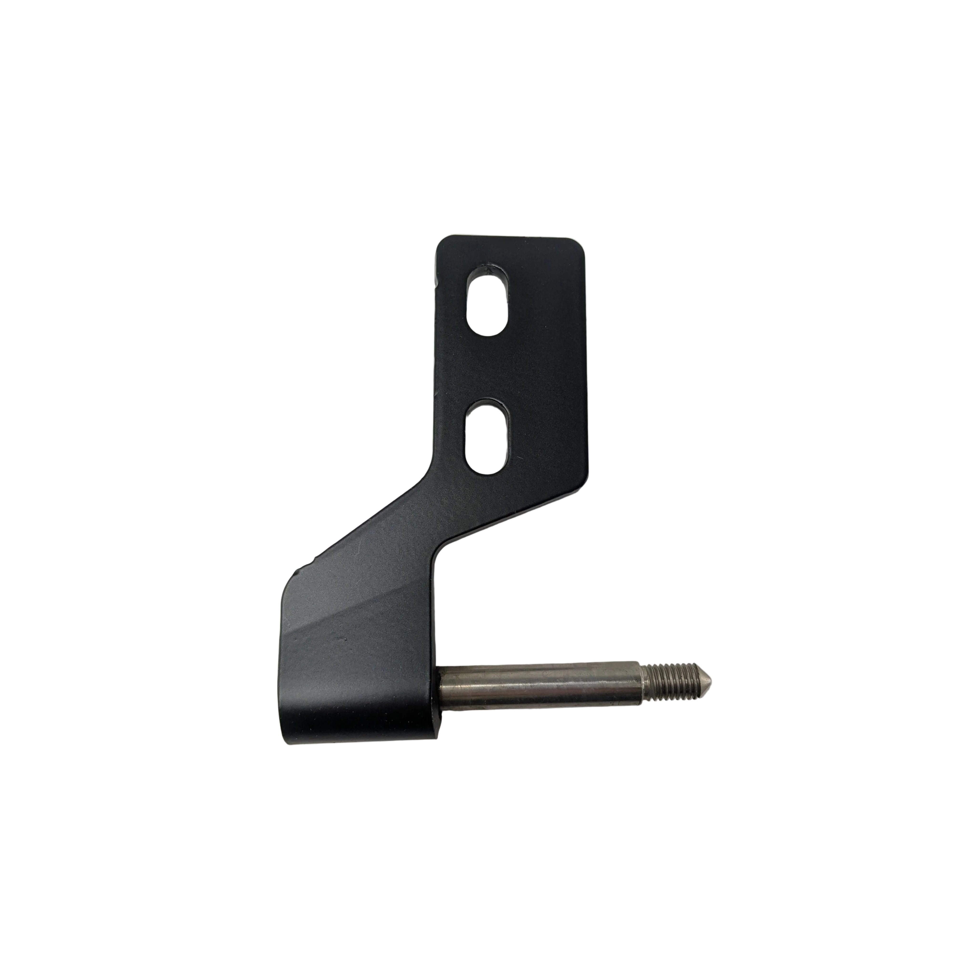 Black welded metal chassis hinge with two oval mounting holes and a cylindrical pin extending from the base.