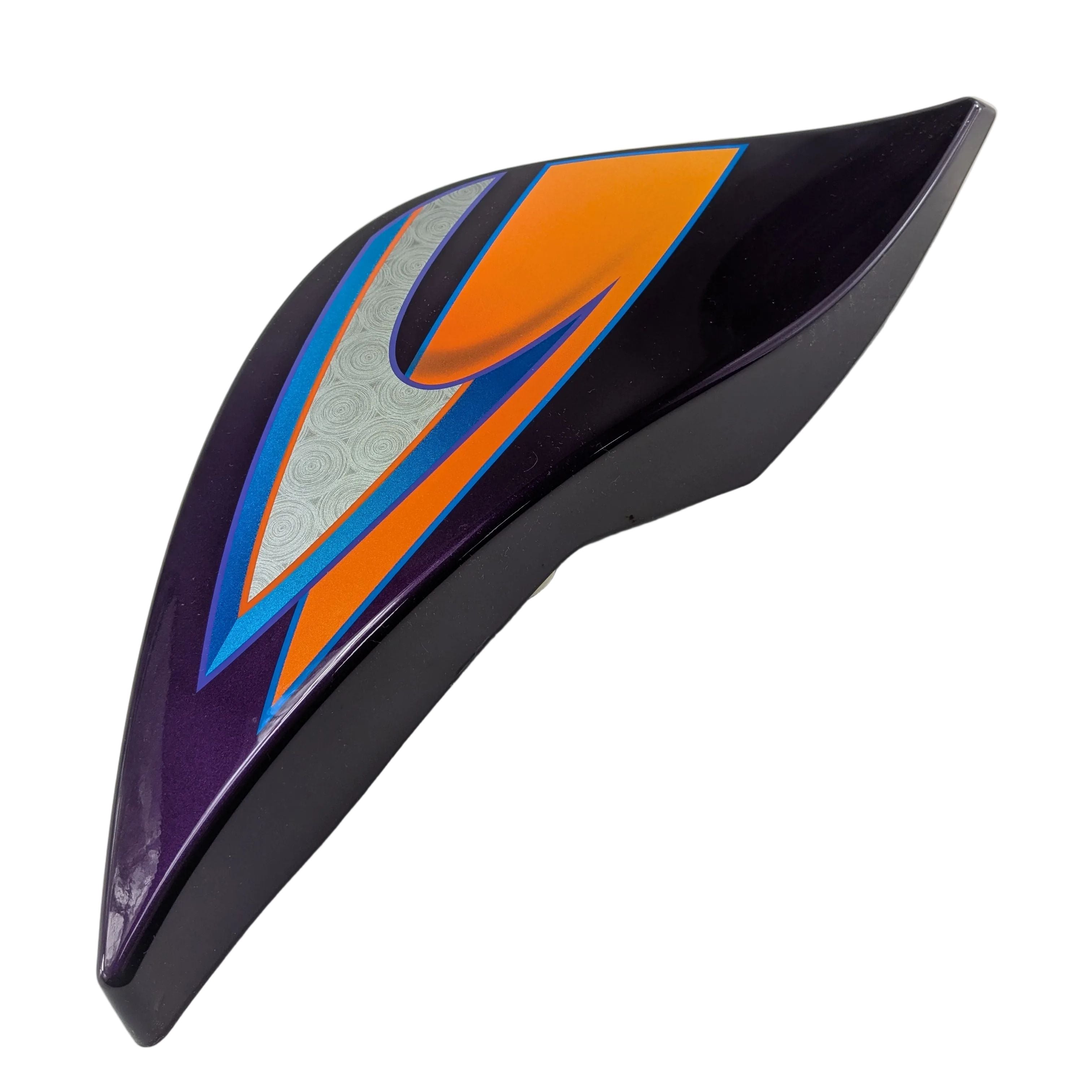Left side motorcycle body cover in glossy black with orange and blue graphic accents.