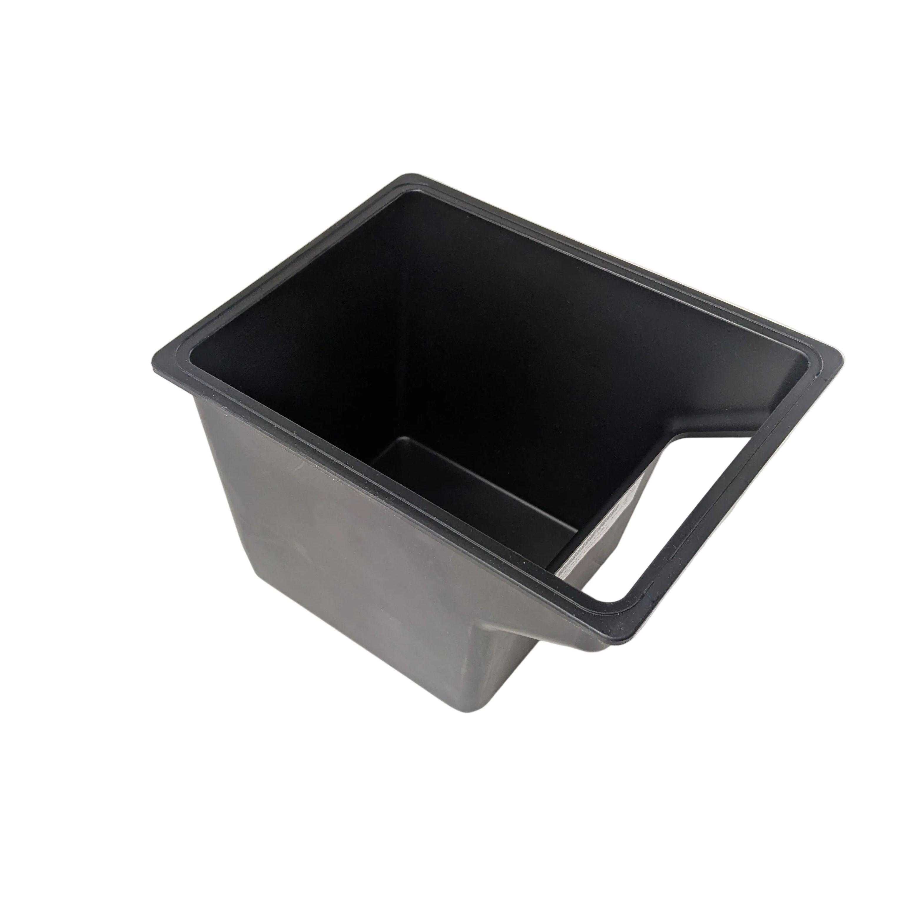 Black plastic storage bin with angular shape and open top designed for Polaris UTV dash installation.