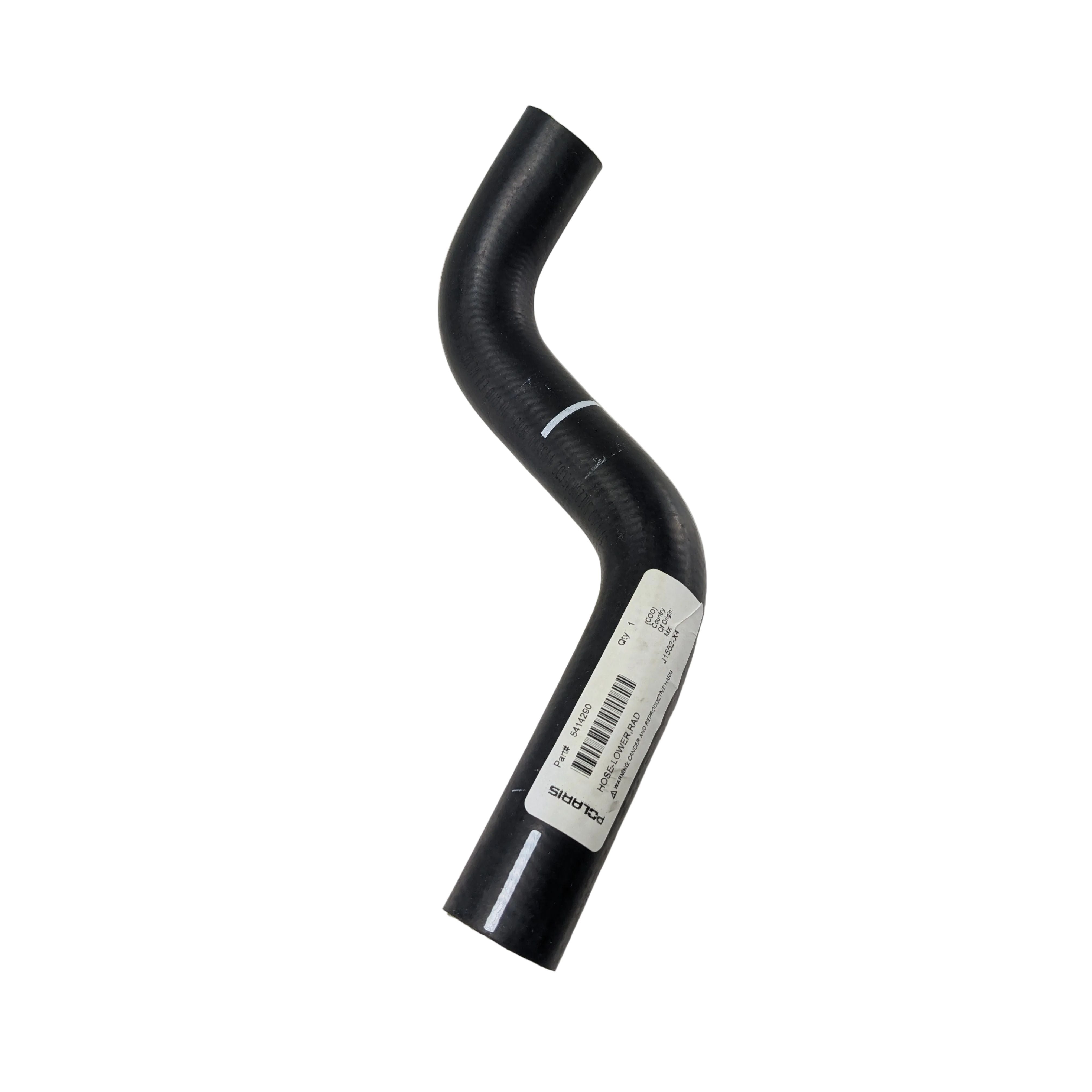 Black molded rubber hose with two bends and a white product label wrapped around one end.