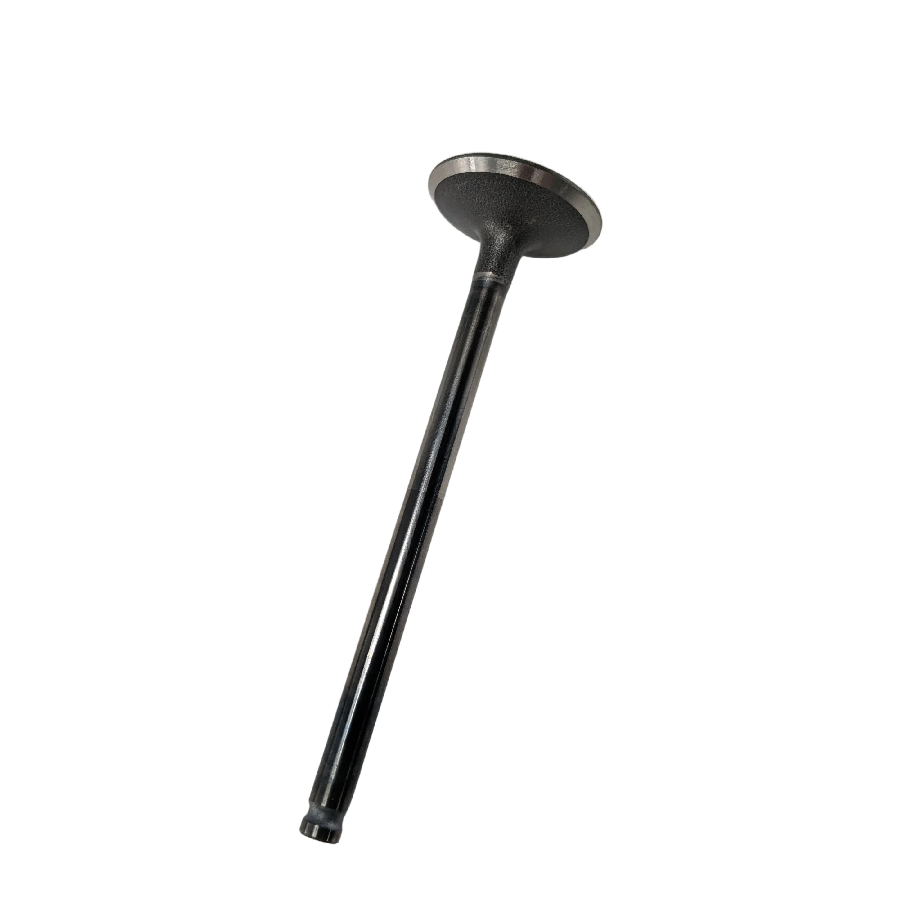 Polished metal exhaust valve with flat round head and long cylindrical stem, designed for engine use.