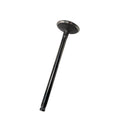 Polished metal exhaust valve with flat round head and long cylindrical stem, designed for engine use.