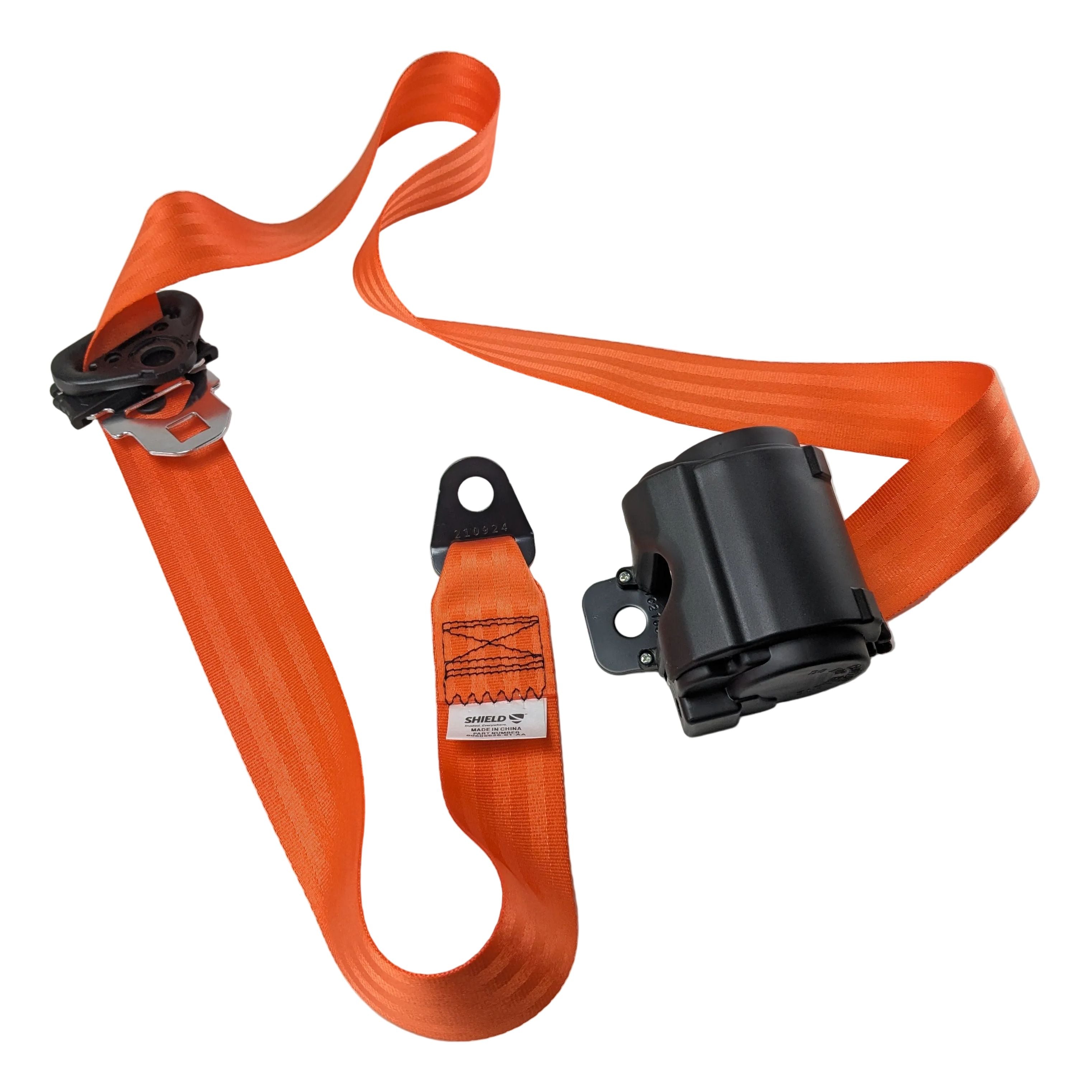 Bright orange seat belt with black retractor and mounting hardware designed for front left or right installation.