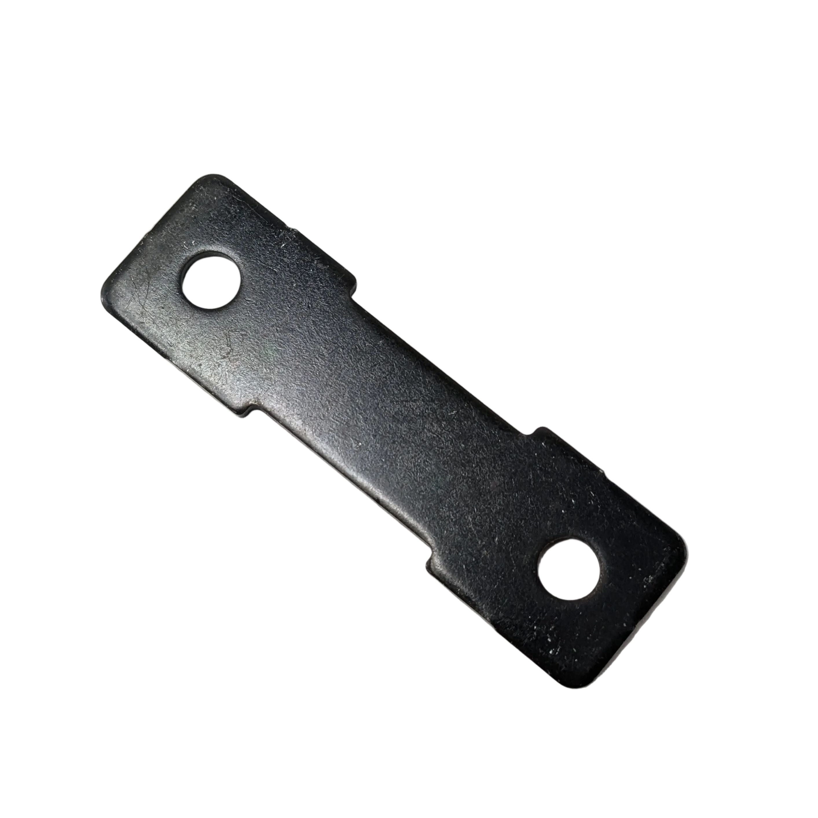 Black metal door strap bracket with two circular mounting holes and rectangular shape.