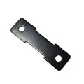 Black metal door strap bracket with two circular mounting holes and rectangular shape.