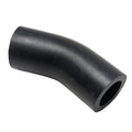 Black rubber drain pipe with a curved, angled shape and hollow cylindrical ends.