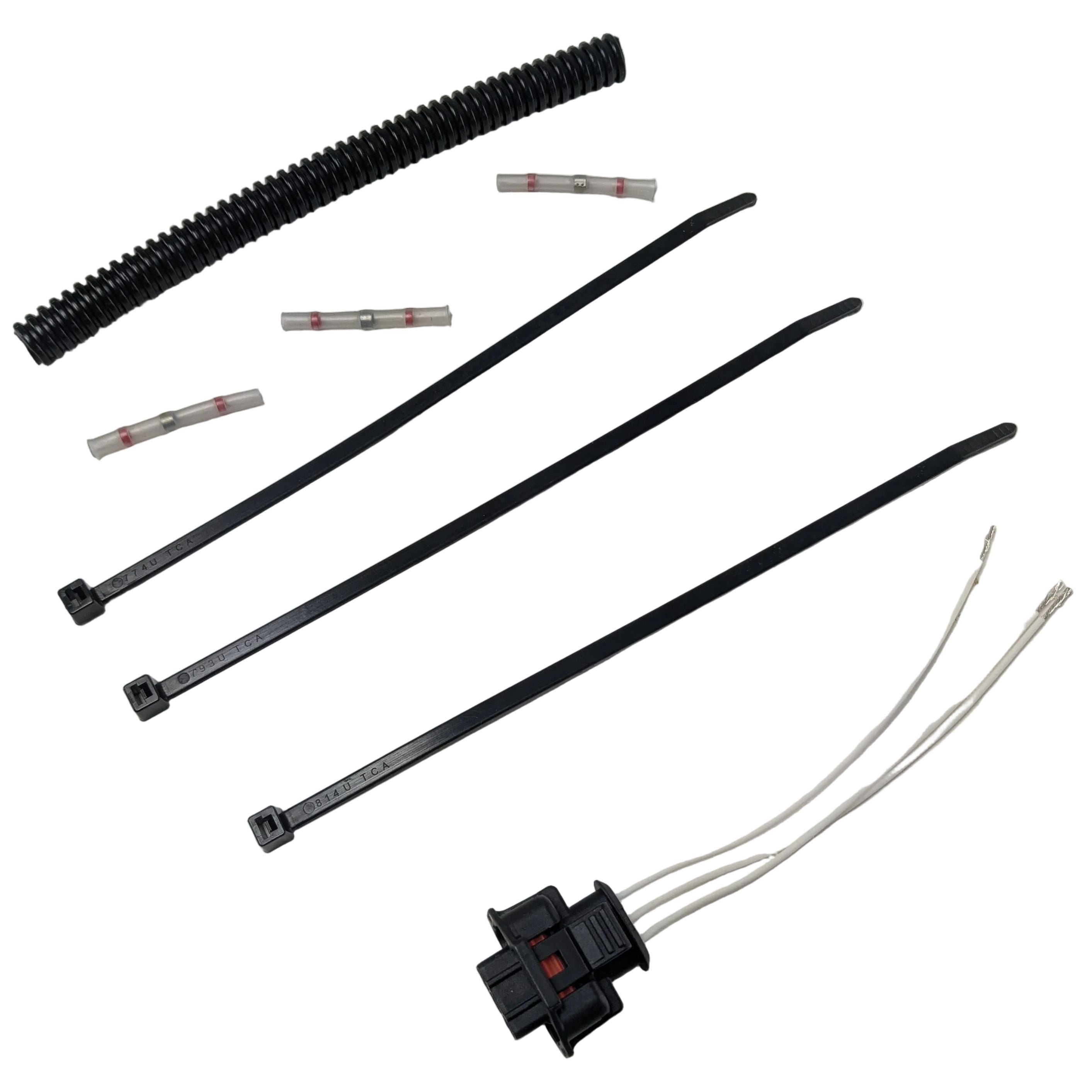 Black plastic phase sensor connector with three white wires, three black zip ties, three wire crimp connectors, and black.