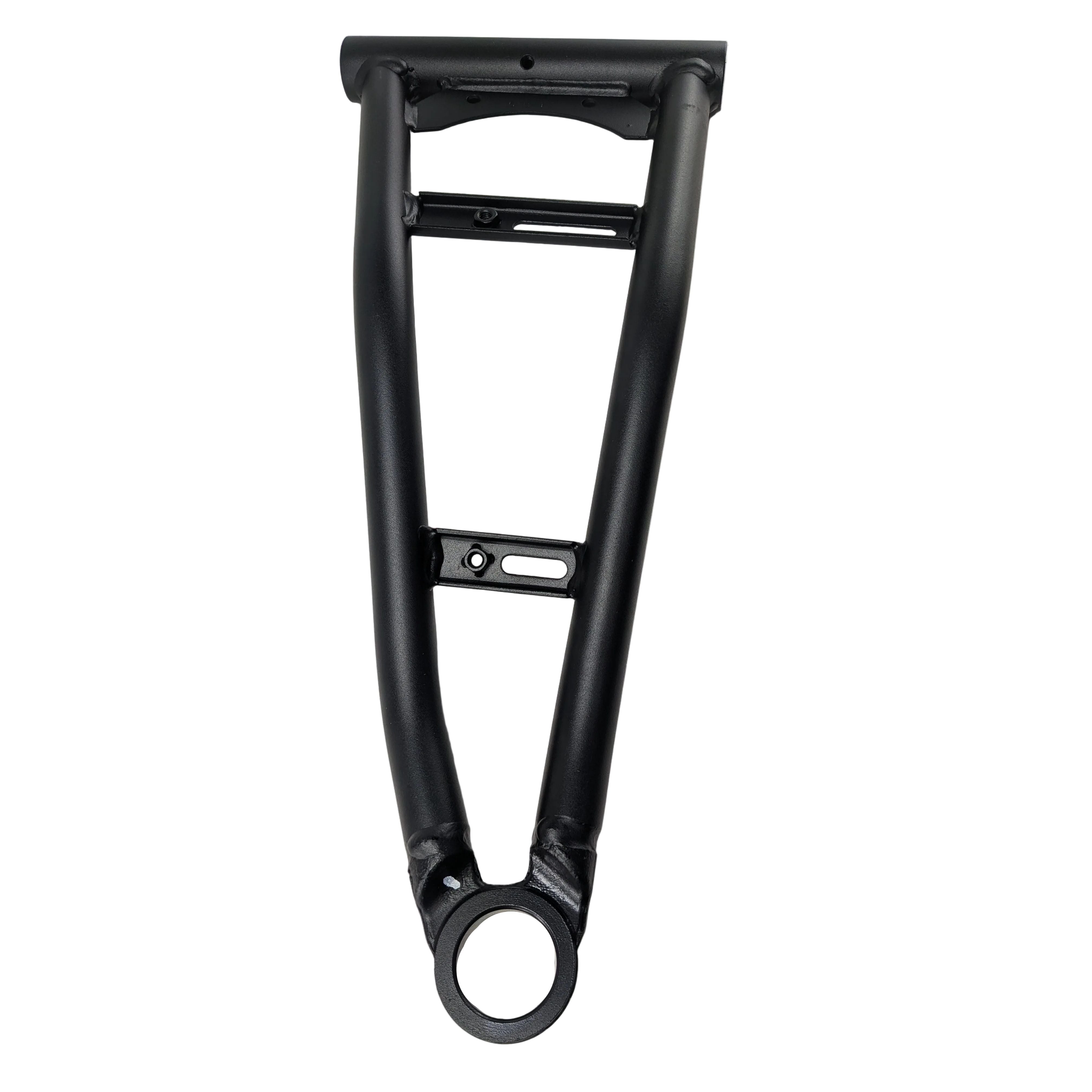 Matte black metal lower swing arm with triangular frame and circular mounting point.
