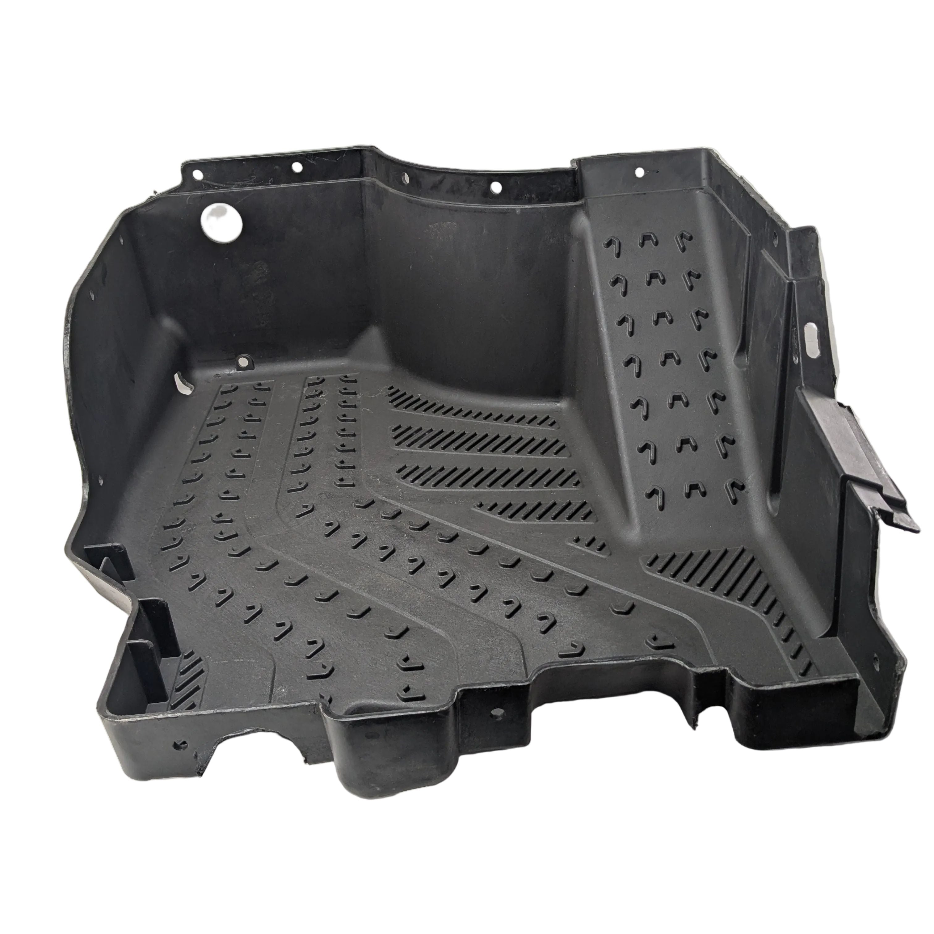Black textured plastic RH lower floor panel with raised tread pattern and mounting holes for Can-Am offroad vehicle.