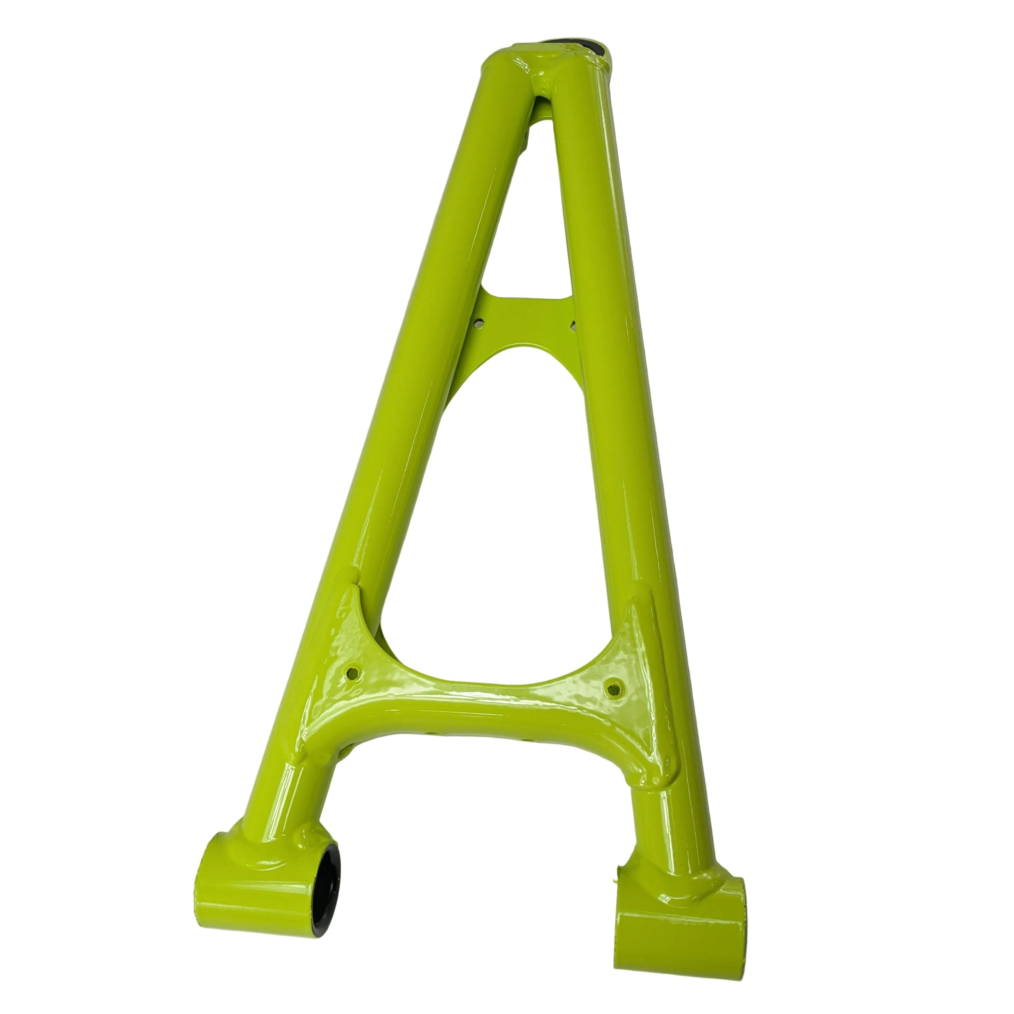 Bright green metal front upper arm with triangular cutout and cylindrical mounting points.