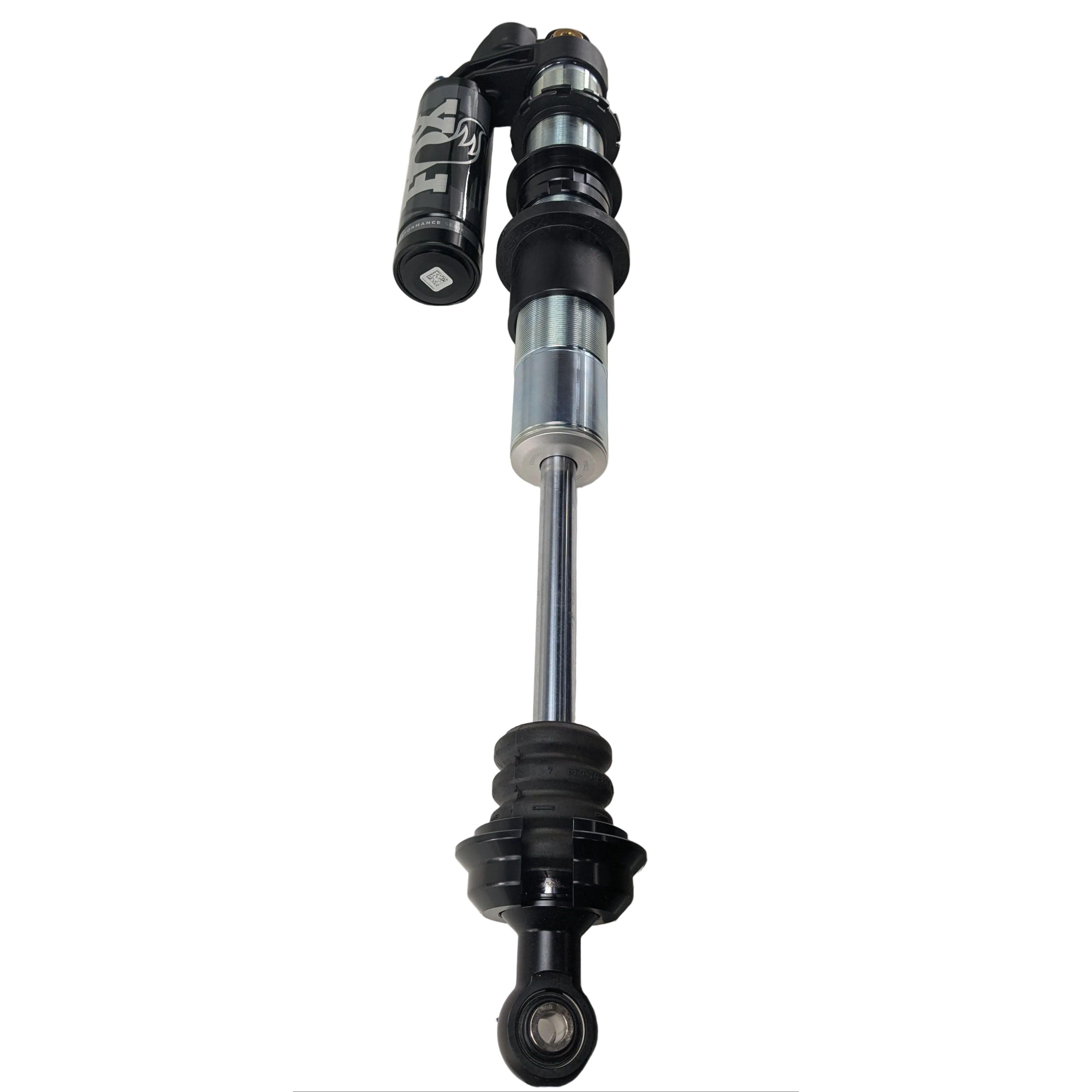 Black and silver Can-Am front shock absorber with coil spring and external reservoir reservoir.