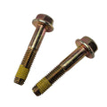 Two metal hex flange screws M8 x 45 with yellow Scotch grip thread locking compound.