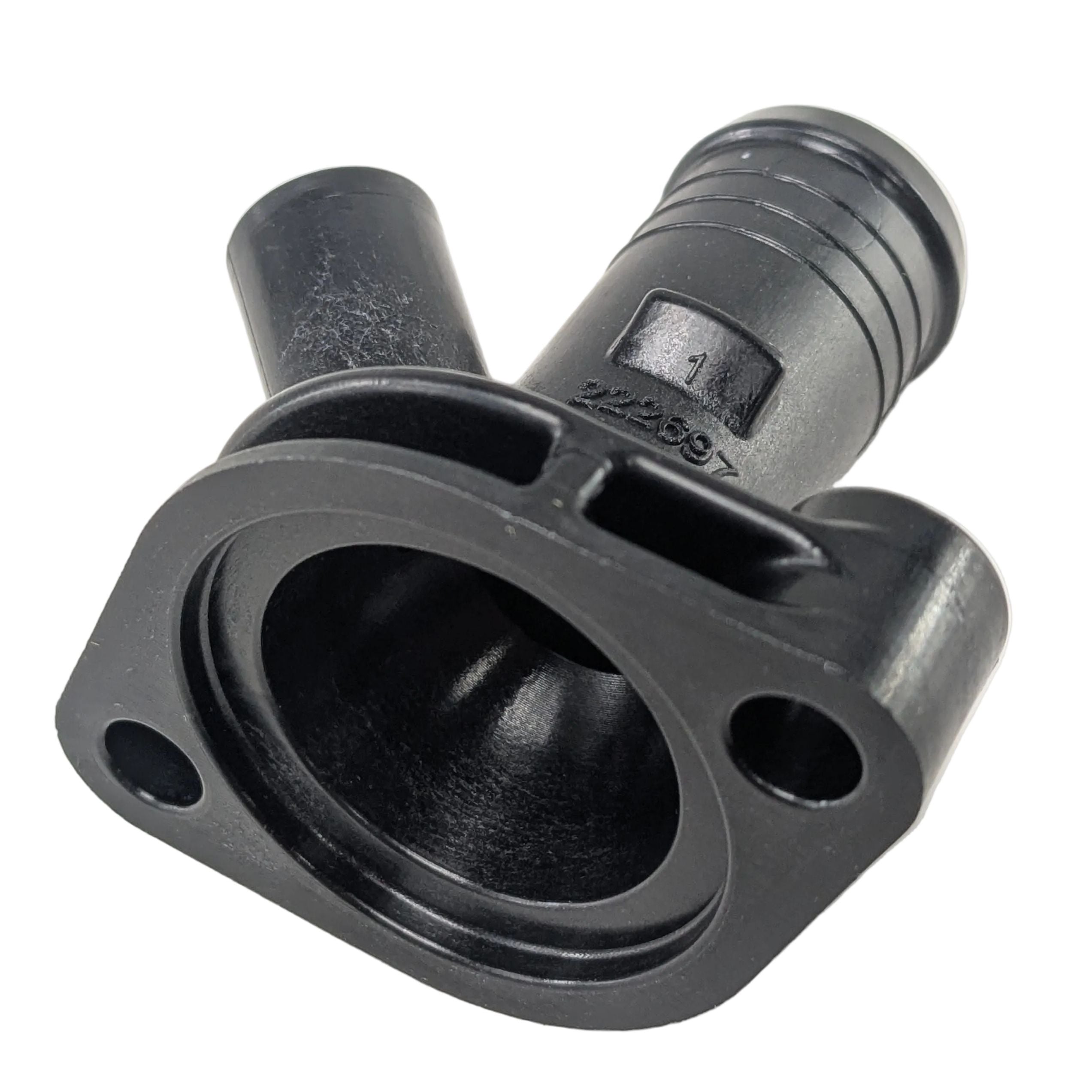 Black plastic cylindrical thermostat cover with mounting flange and two bolt holes.