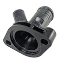 Black plastic cylindrical thermostat cover with mounting flange and two bolt holes.