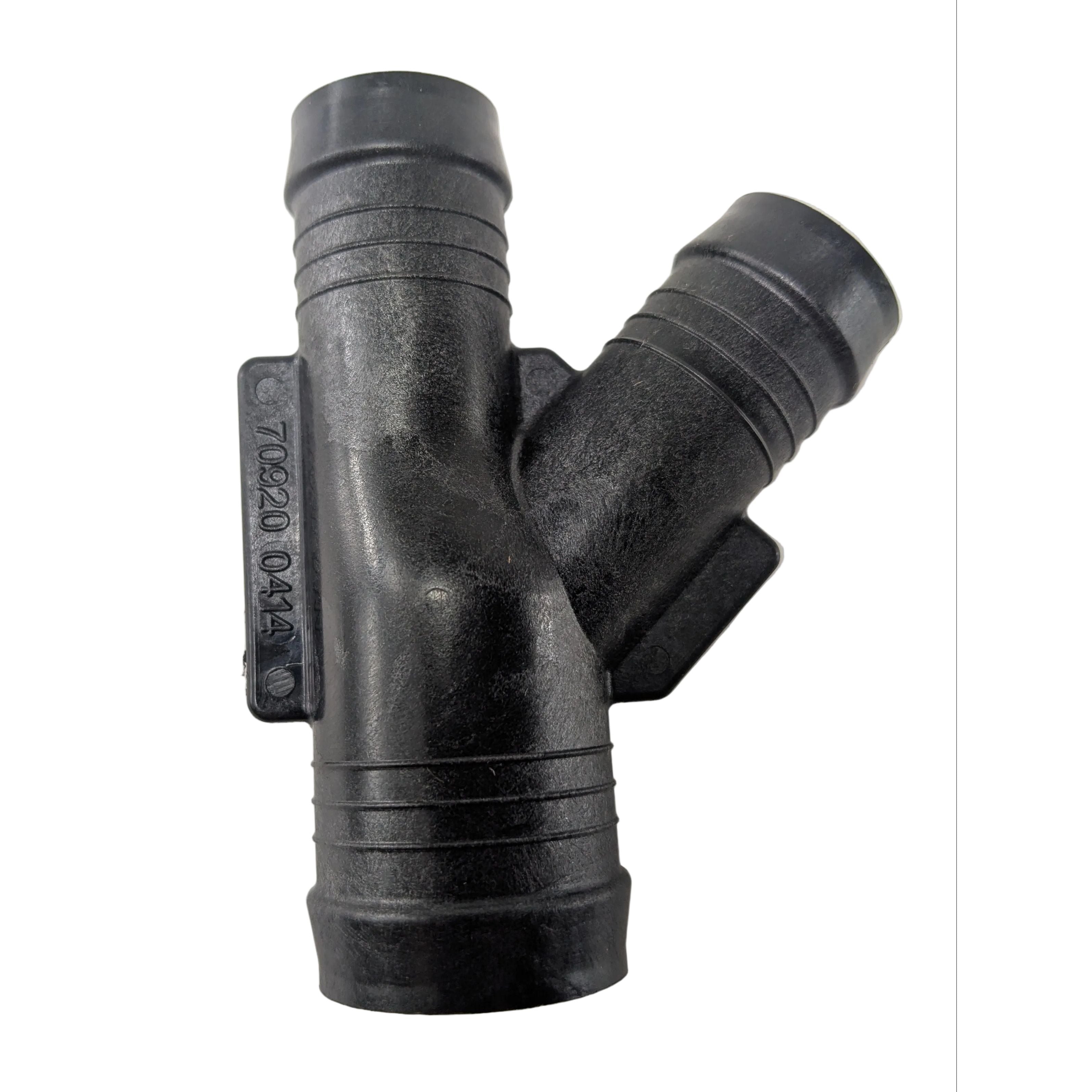 Black plastic Y-shaped hose fitting with ribbed ends for secure connections.