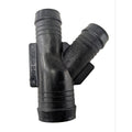 Black plastic Y-shaped hose fitting with ribbed ends for secure connections.