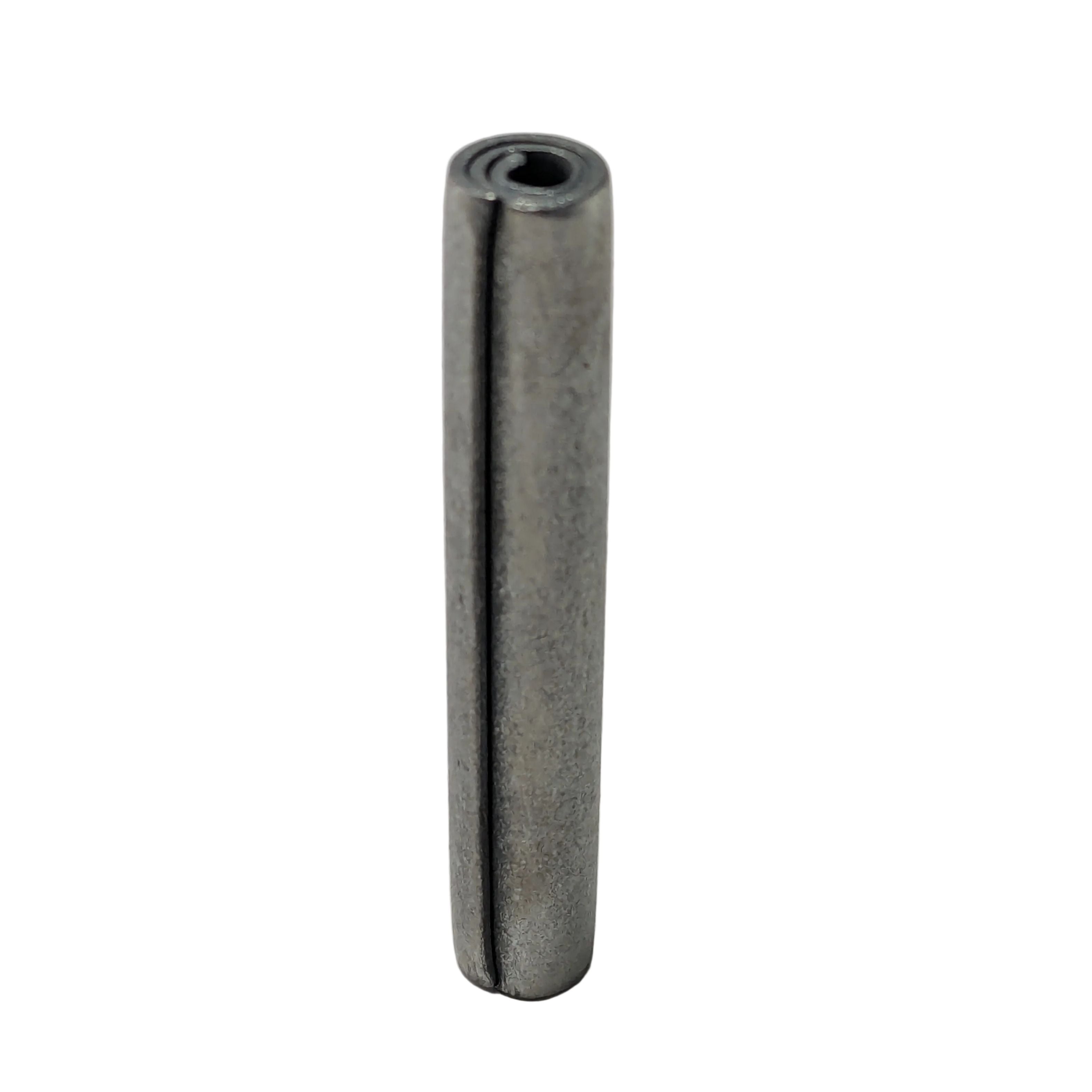 Metal spring pin with cylindrical shape and a central slit for fastening, dark gray finish.