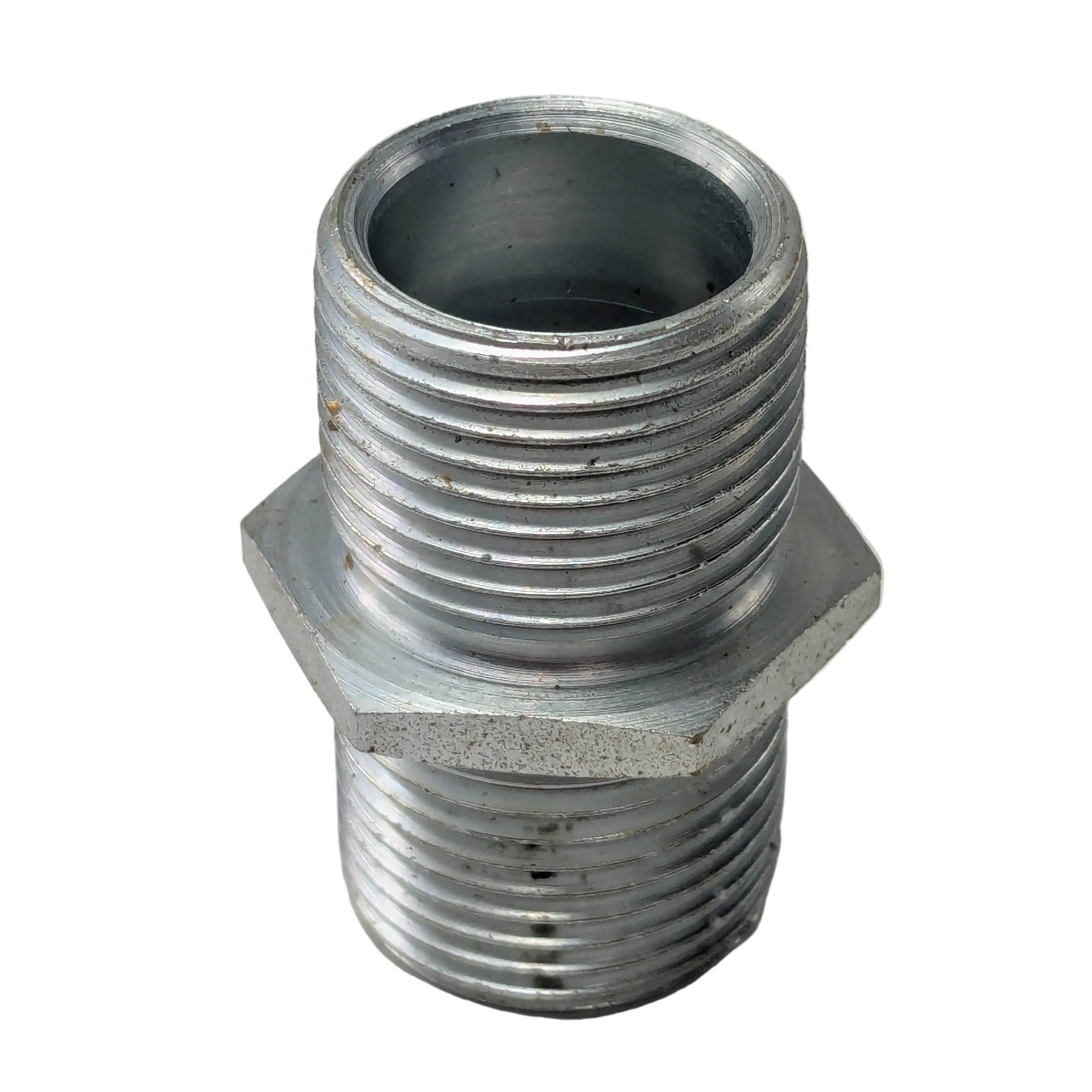 Silver metal threaded oil filter nipple with hexagonal middle section.