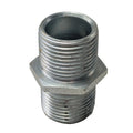 Silver metal threaded oil filter nipple with hexagonal middle section.