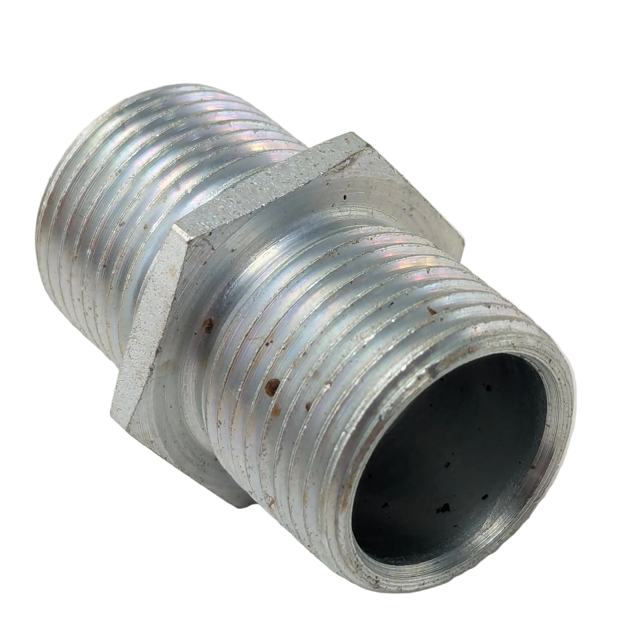 Silver metal oil filter nipple with threaded ends and hexagonal middle section.