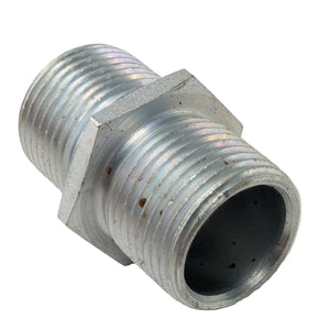 Silver metal oil filter nipple with threaded ends and hexagonal middle section.