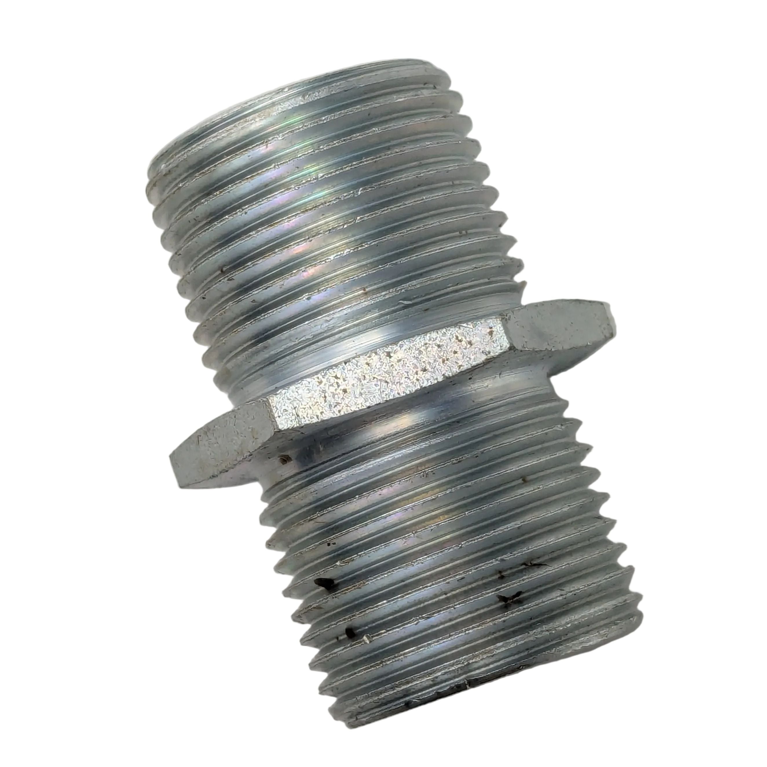 Metal oil filter nipple with double threaded ends and hexagonal middle for wrench grip.