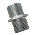 Metal oil filter nipple with double threaded ends and hexagonal middle for wrench grip.
