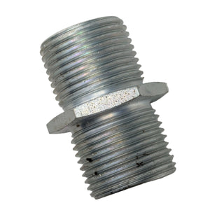 Metal oil filter nipple with double threaded ends and hexagonal middle for wrench grip.