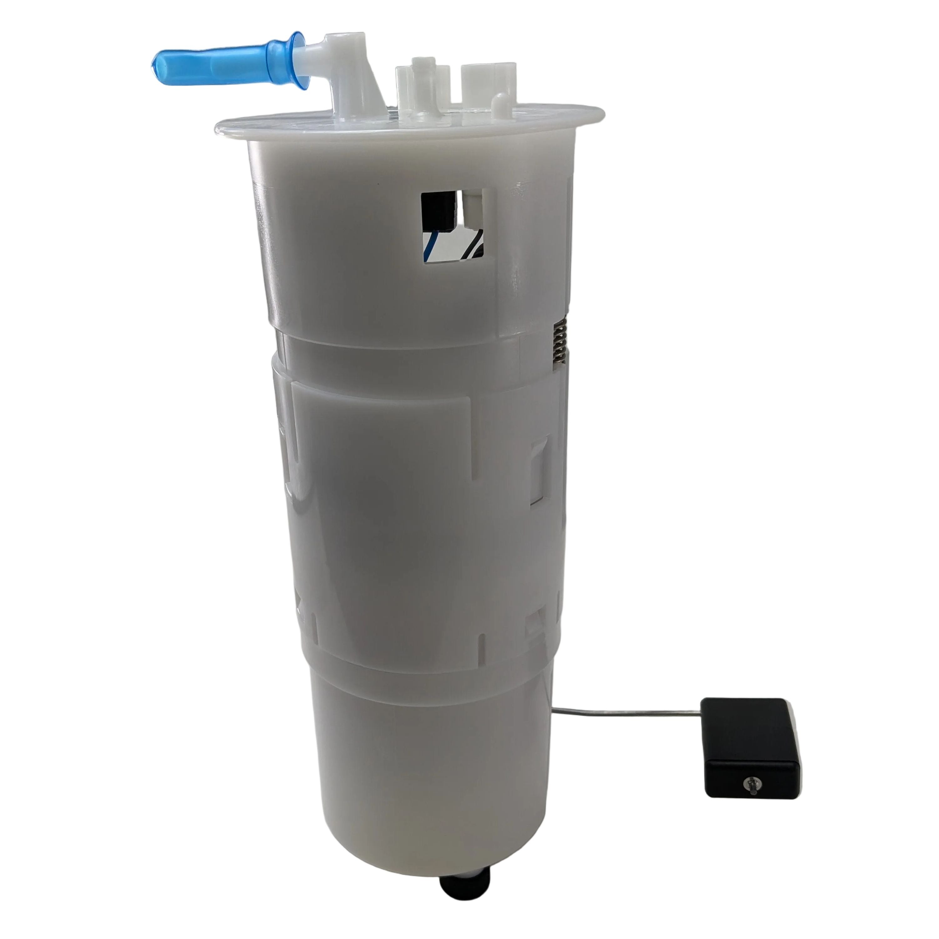 White cylindrical fuel pump assembly with blue cap and attached black float sensor by Yamaha.
