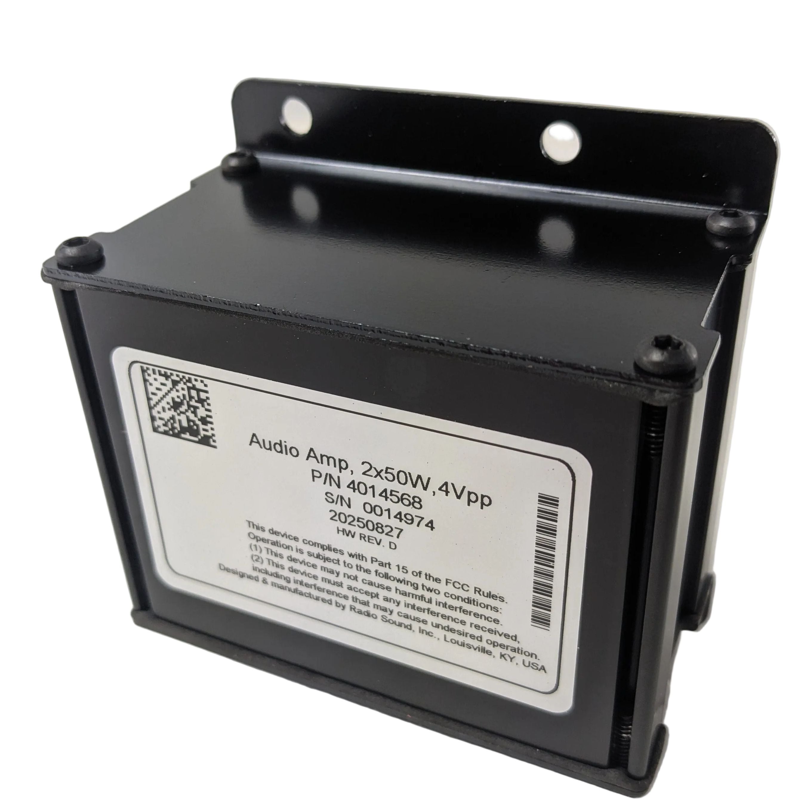 Black rectangular amp module with metal mounting bracket and white label detailing specifications.
