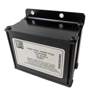 Black rectangular amp module with metal mounting bracket and white label detailing specifications.