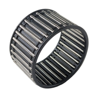 Cylindrical needle bearing with evenly spaced silver metal rollers and black inner and outer rings.