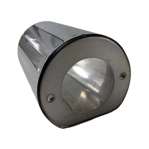 Polished chrome fork tube cover with rounded top and two front screws.