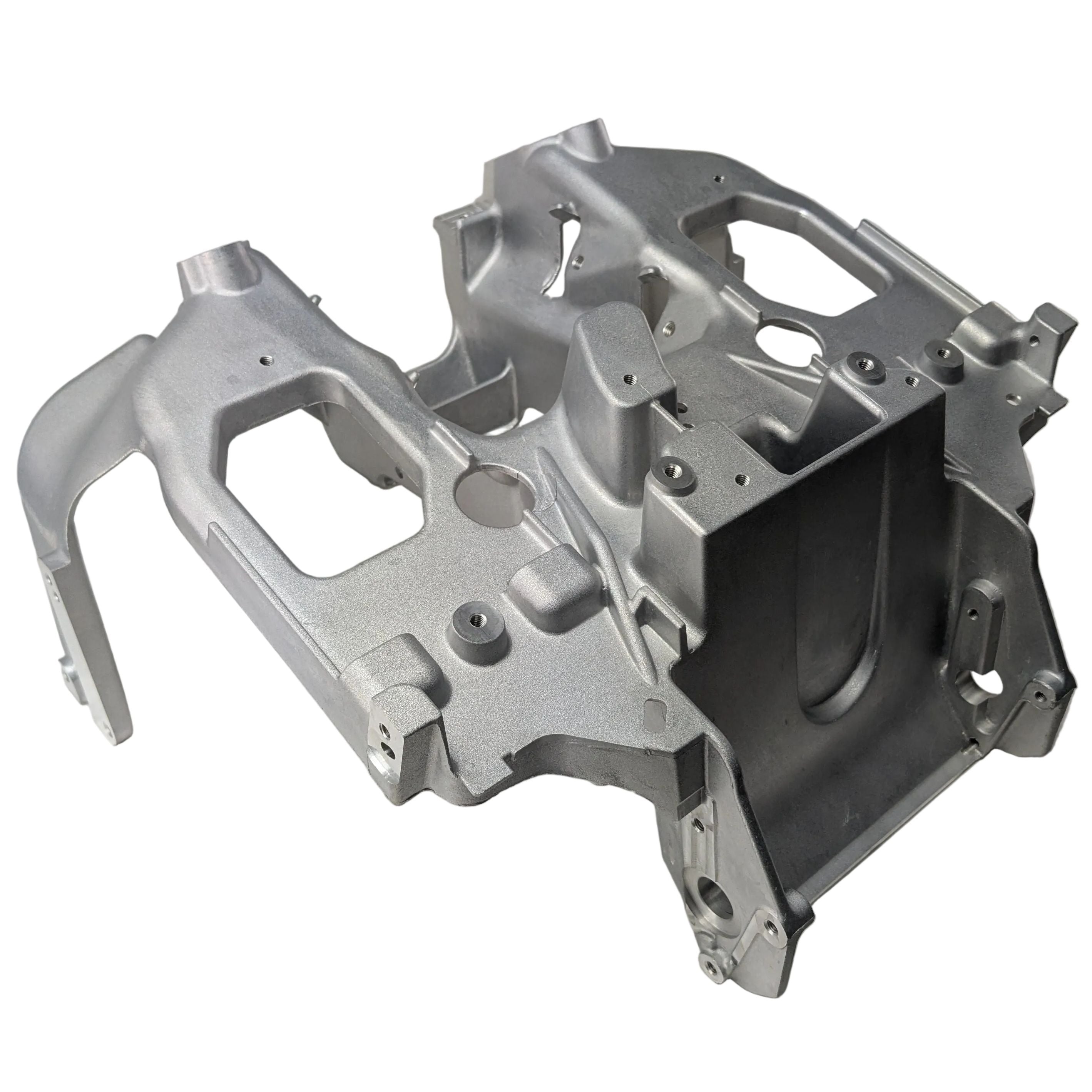 Silver metal fairing support bracket with multiple mounting points and angular structure.