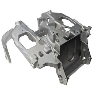 Silver metal fairing support bracket with multiple mounting points and angular structure.