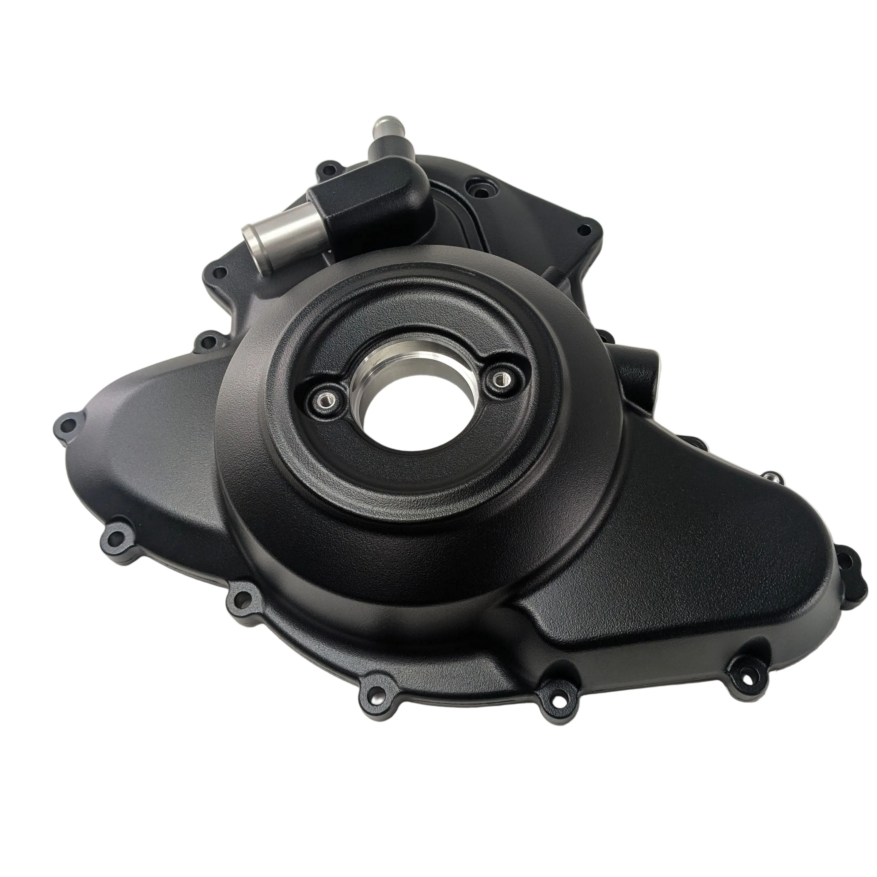 Jet black metal alternator cover with circular center and multiple bolt holes for Indian motorcycles.