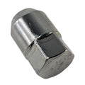 Chrome-finished tapered nut wheel M12 x 1.5 with hexagonal base and smooth conical top.
